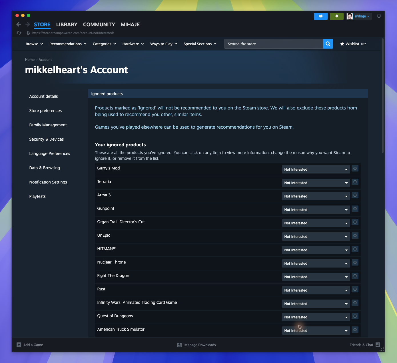 Your Account Page — Ignored App List (Captured)
