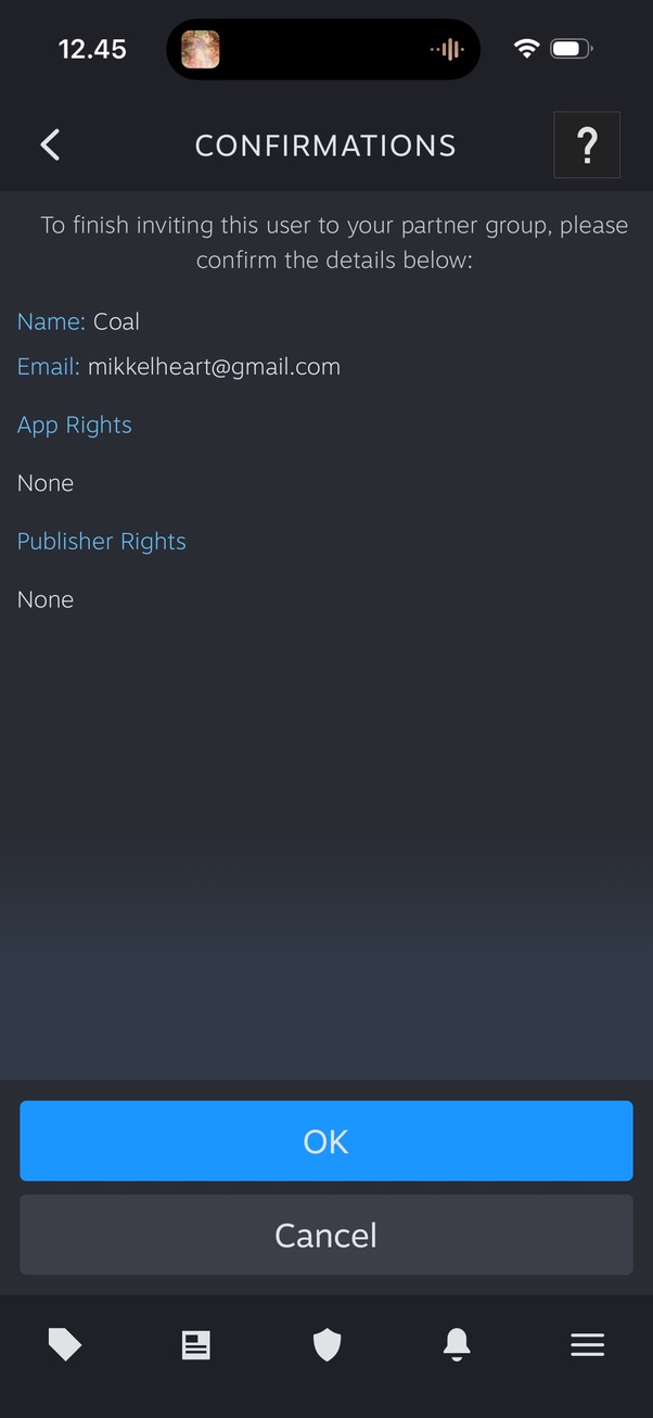 Steam mobile confirmation details for Coal at mikkelheart@gmail.com with an OK button
