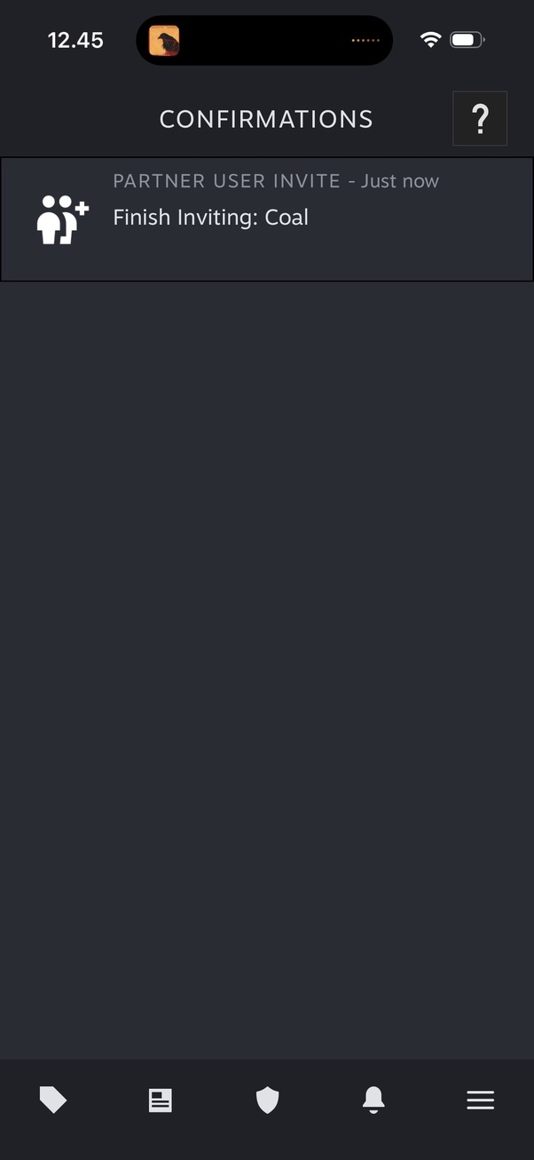 Steam mobile Confirmations screen showing a Partner User Invite labelled Finish Inviting: Coal